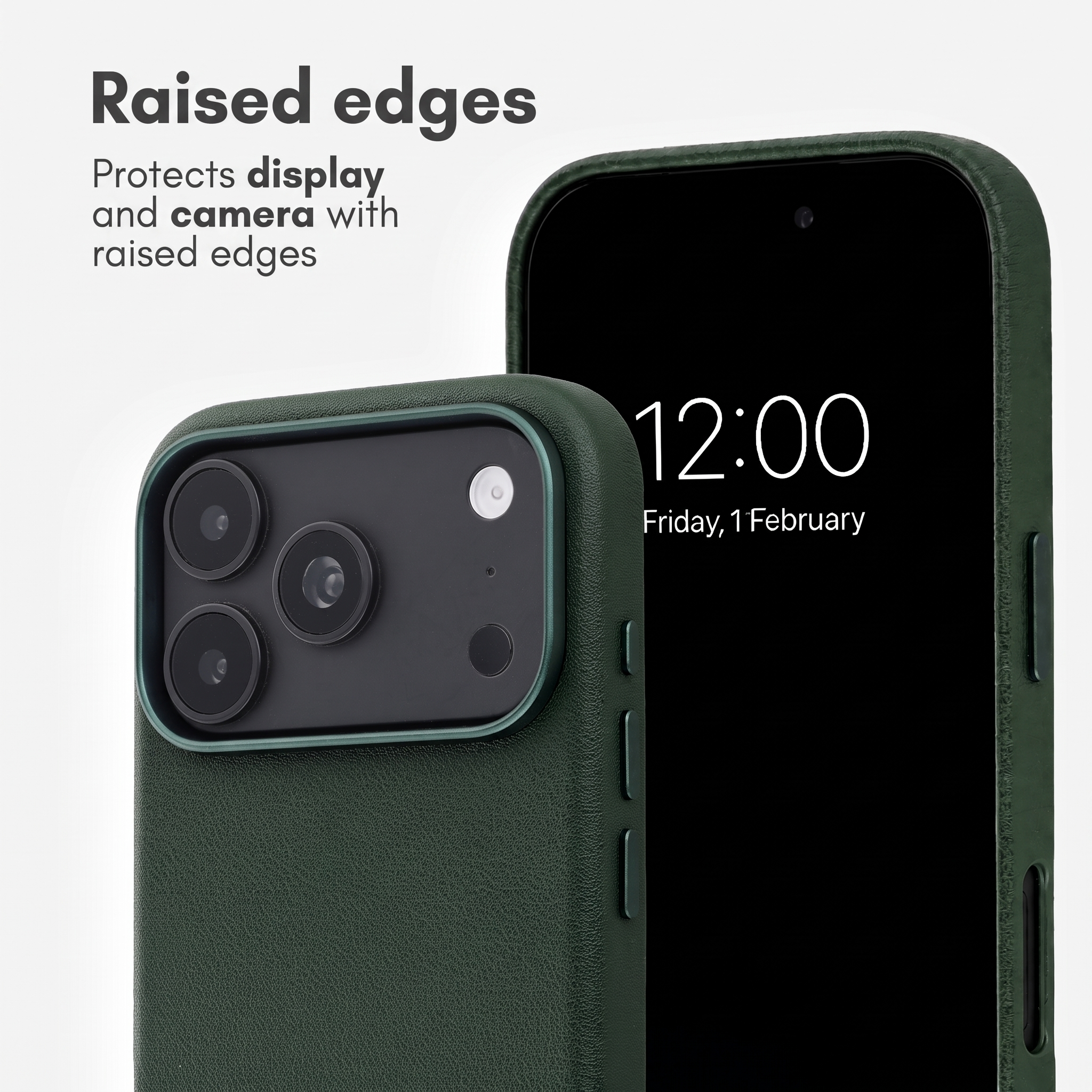 Custodia verde per smartphone con bordi rialzati per proteggere schermo e fotocamera.