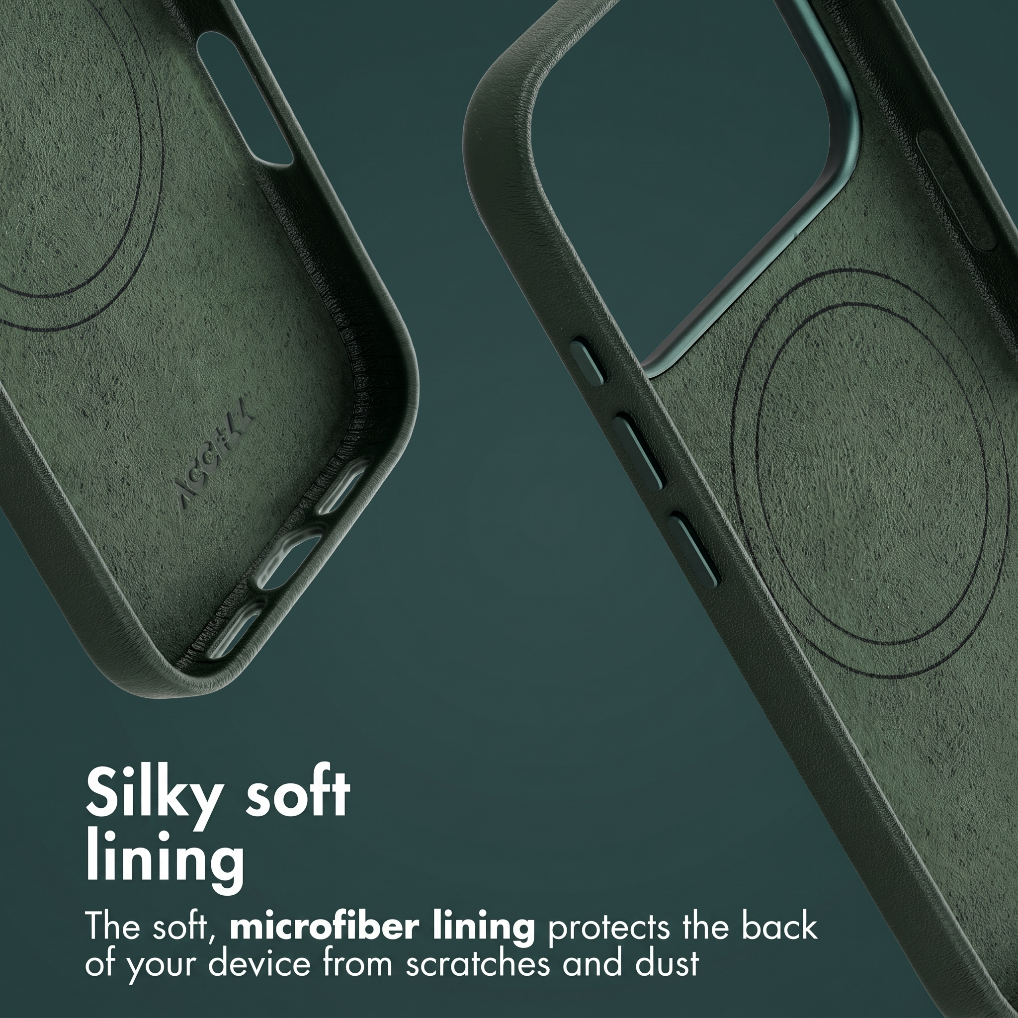 Custodia per smartphone verde scuro con morbida fodera in microfibra e anello MagSafe.