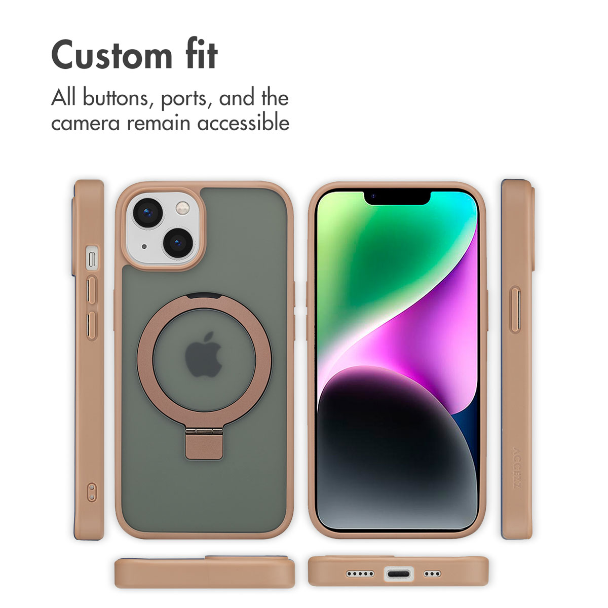 Ein Smartphone aus mehreren Blickwinkeln mit einer passgenauen grünen Hülle und MagSafe-Ring.