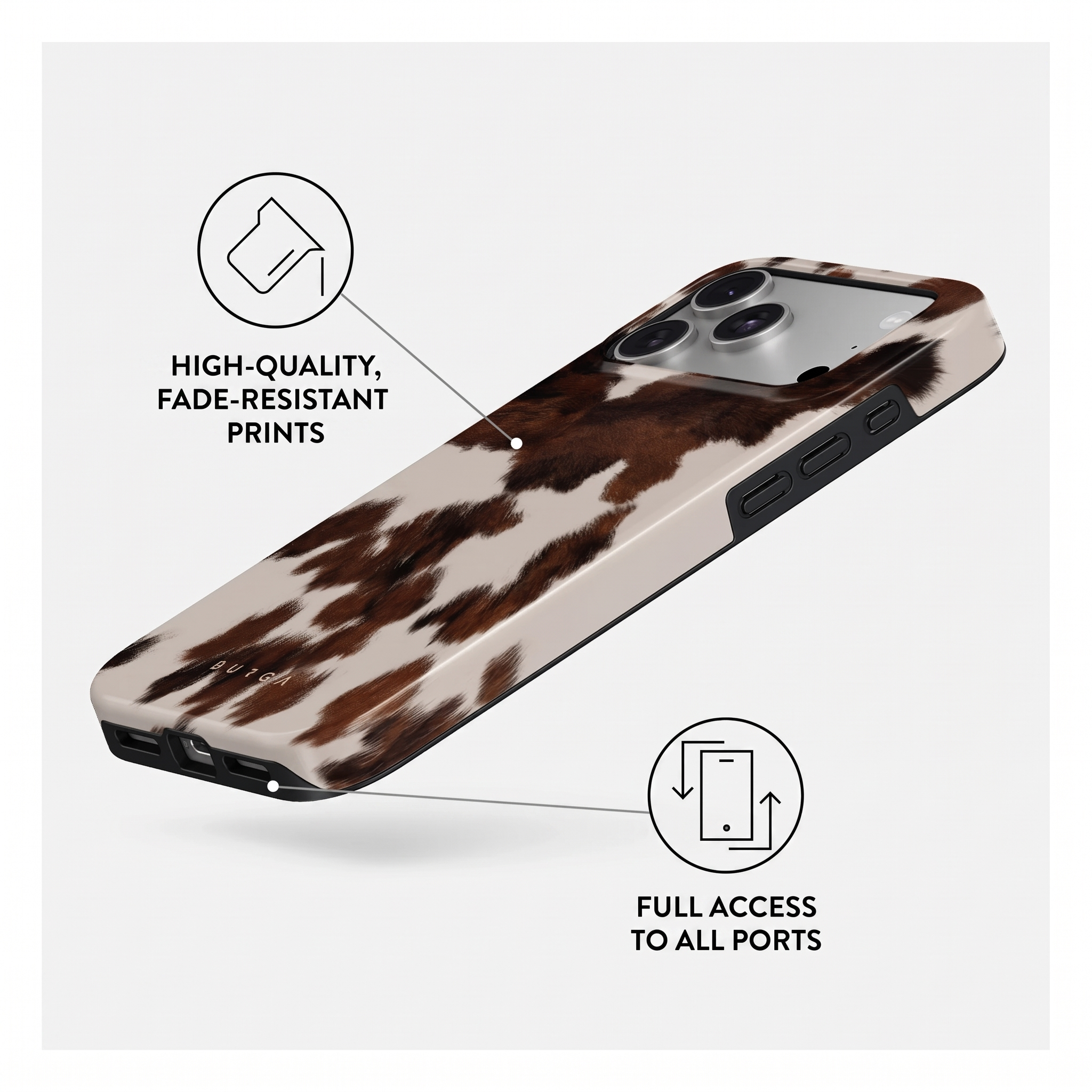 Une coque de téléphone motif vache, avec des étiquettes indiquant des impressions résistantes et l'accès aux ports.