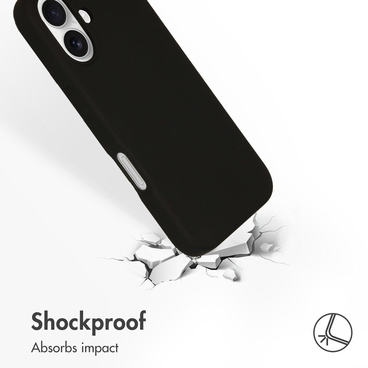 Uno smartphone nero con custodia sopra una superficie bianca rotta e testo Shockproof.