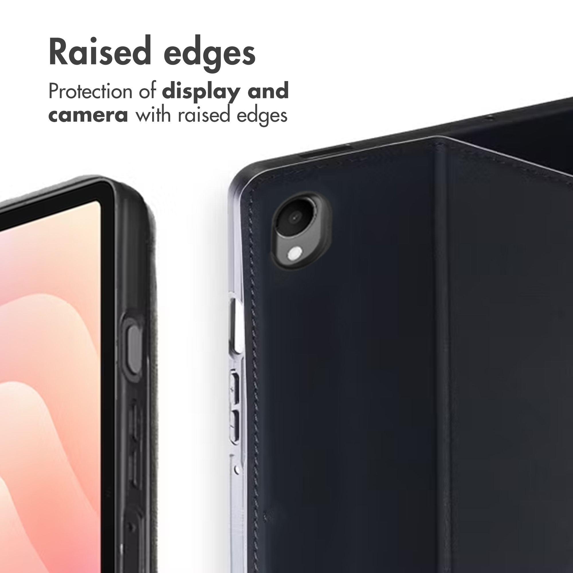 I bordi rialzati di una custodia nera per tablet proteggono fotocamera e display.