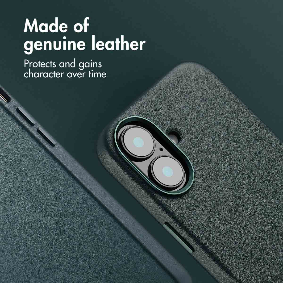 Eine dunkelgrüne Leder-Handyhülle mit doppelten Kameraausschnitten und Text über echtes Leder.