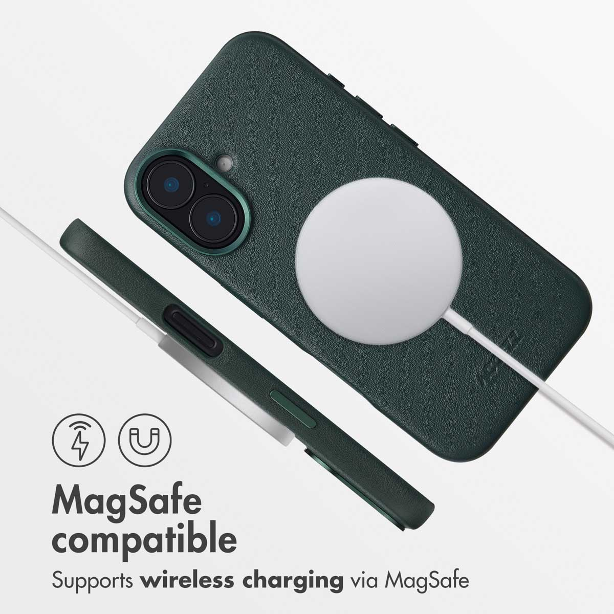 Dunkelgrüne Smartphone-Hülle mit MagSafe-Ladegerät, zwei Kameras und Text 'MagSafe compatible'.