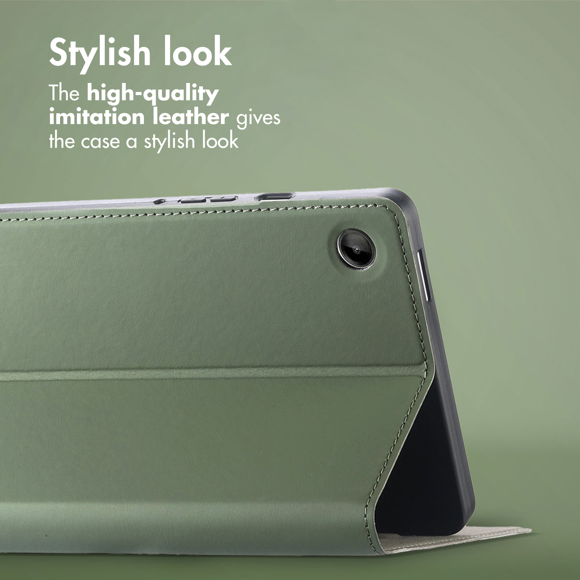 Green imitation leather tablet case with camera cutout against a green background.