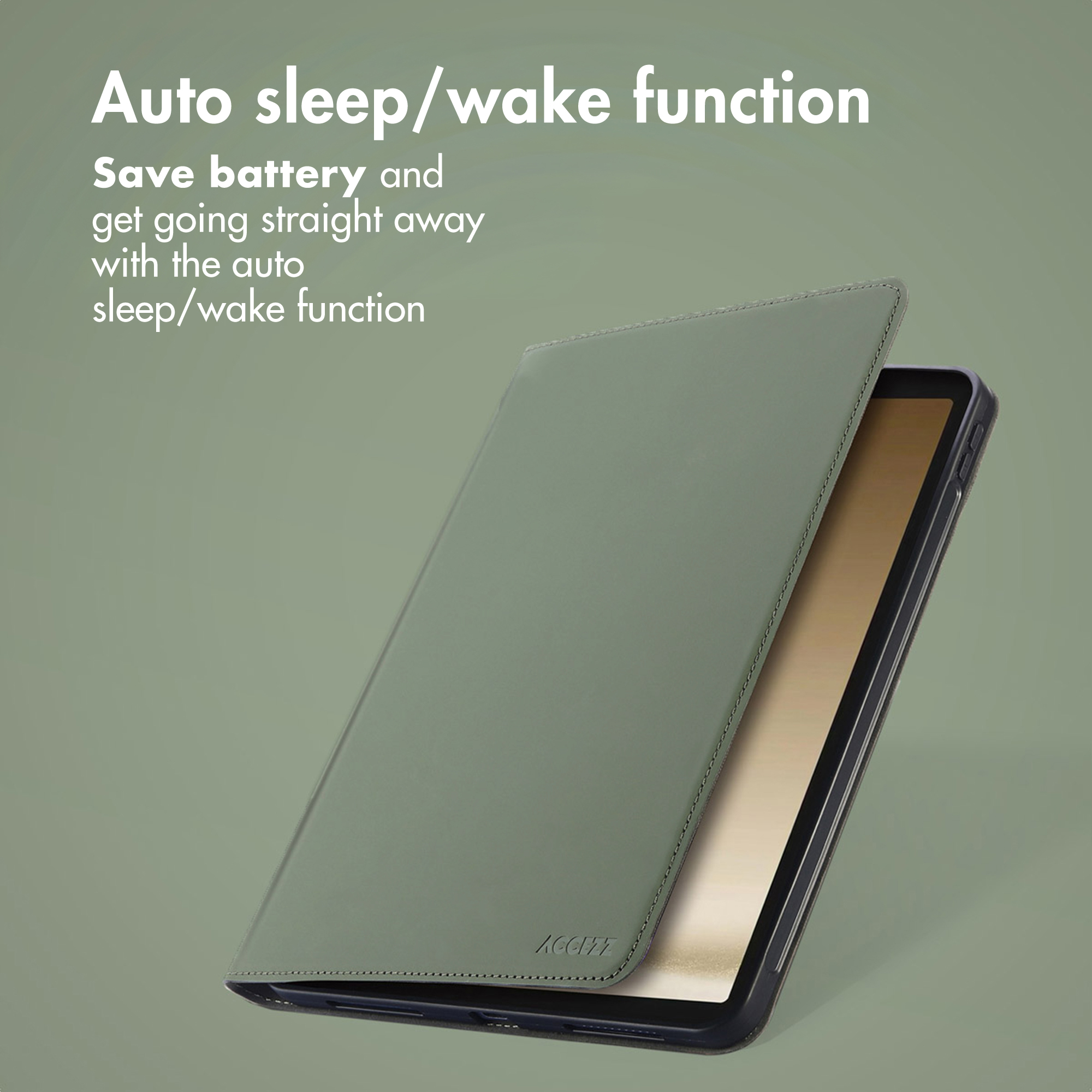 A sage green tablet case is partially open, resting on a tablet against a green background with white text.