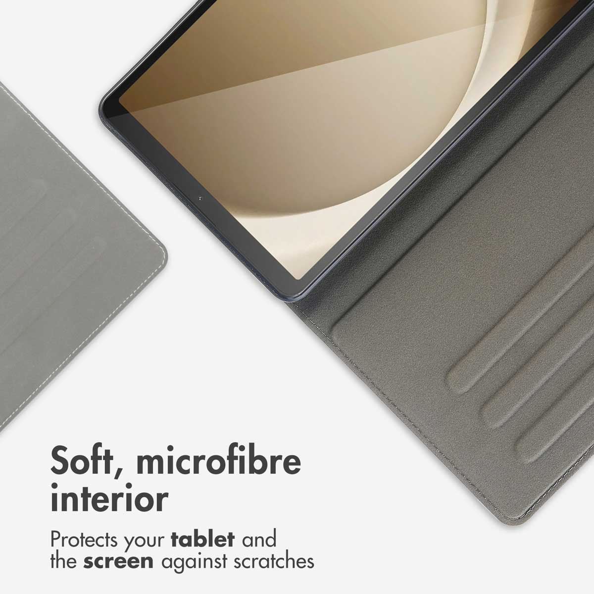 A grey tablet case with a soft microfibre interior protects the tablet from scratches.