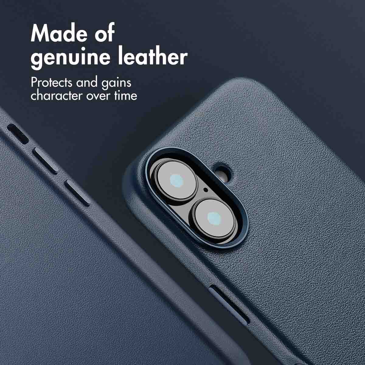 Nahaufnahme einer blauen Leder-Handyhülle mit Dual-Kamera-Ausschnitten und dem Text Aus echtem Leder.