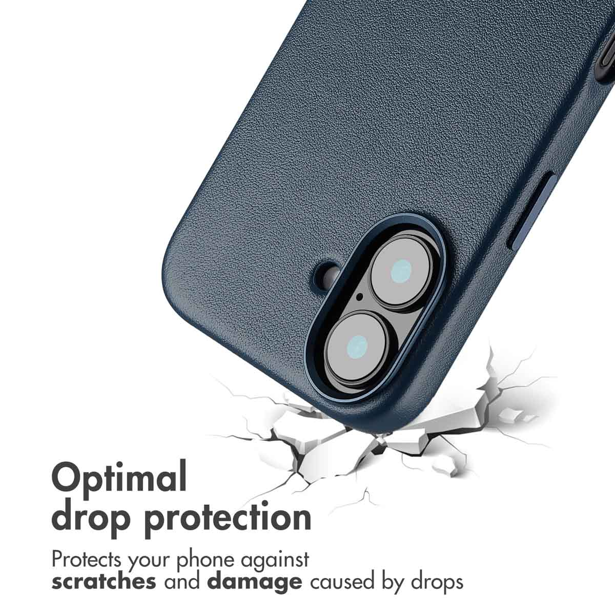 Blaue Handyhülle mit Kameraausschnitt über rissigem weißem Boden, Text: Optimal drop protection.