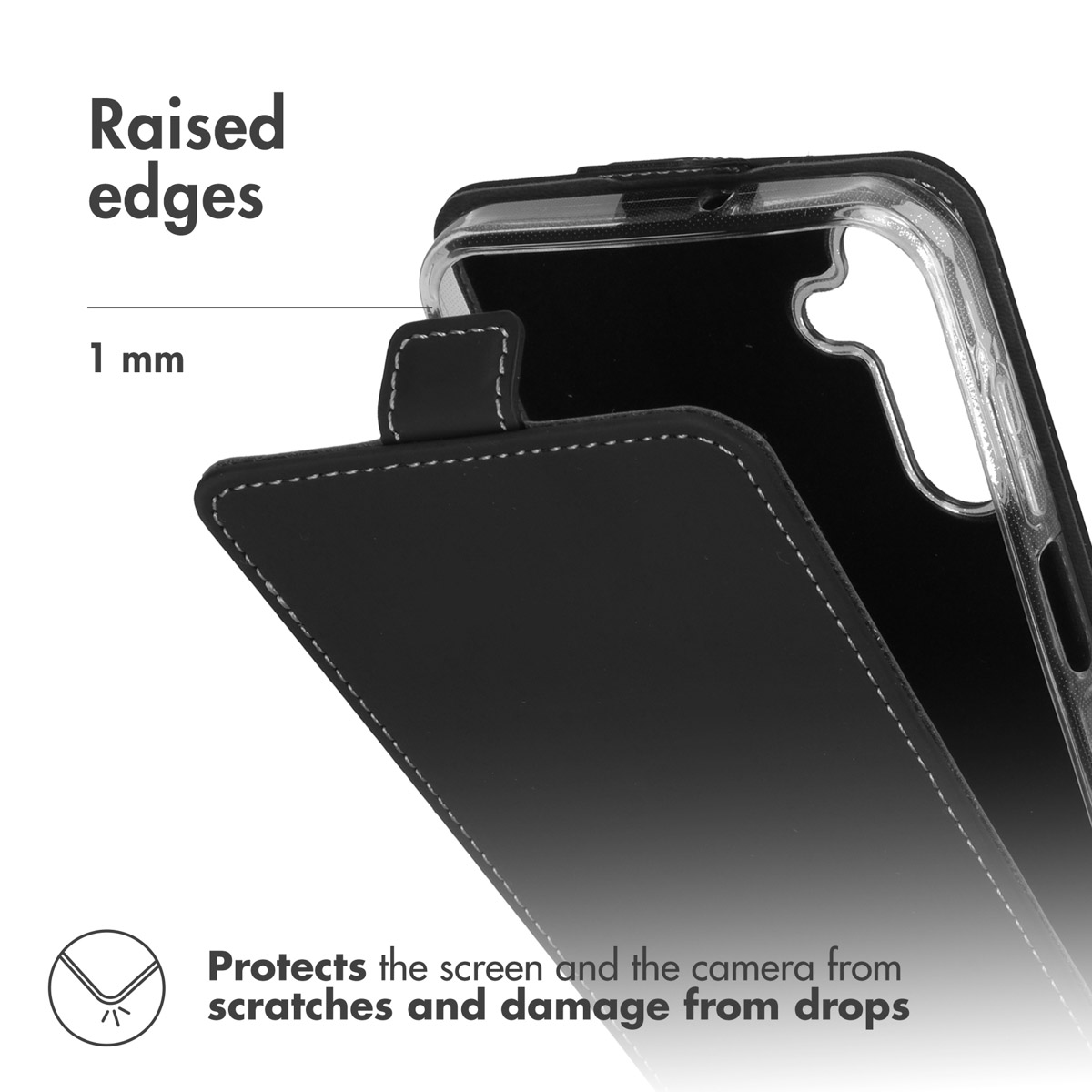Un étui de téléphone noir avec des bords surélevés de 1 mm pour protéger l'écran et l'appareil photo.