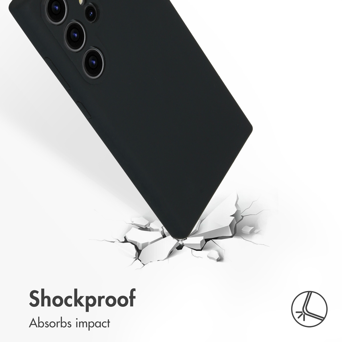 Un smartphone noir dans une coque brise un sol blanc, avec du texte et une icône.