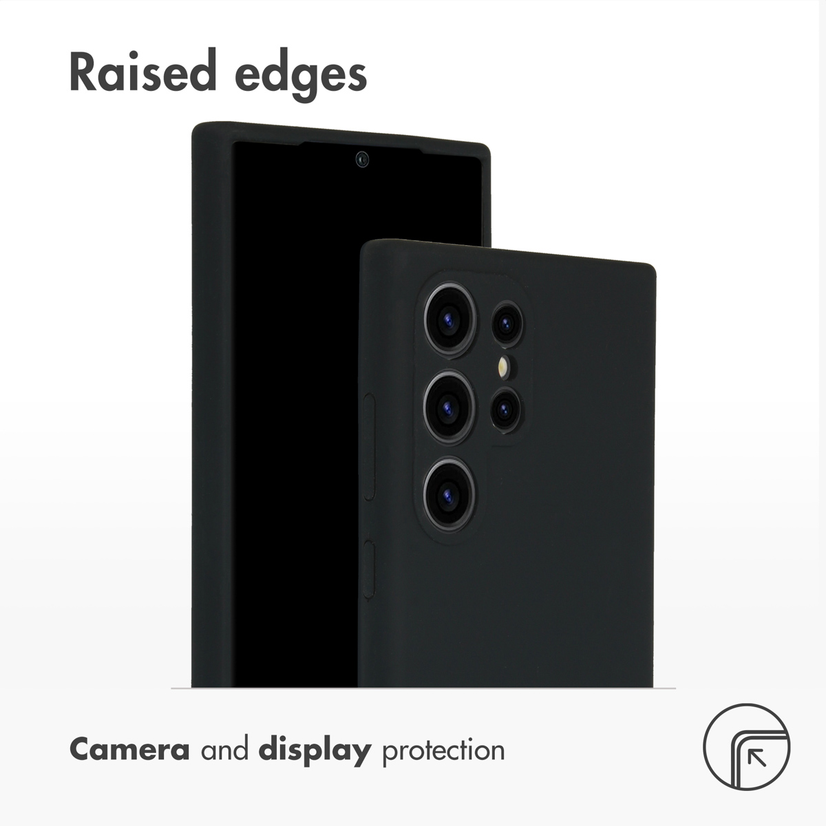 Coque de smartphone noire avec bords surélevés pour la protection de l'appareil photo et de l'écran.