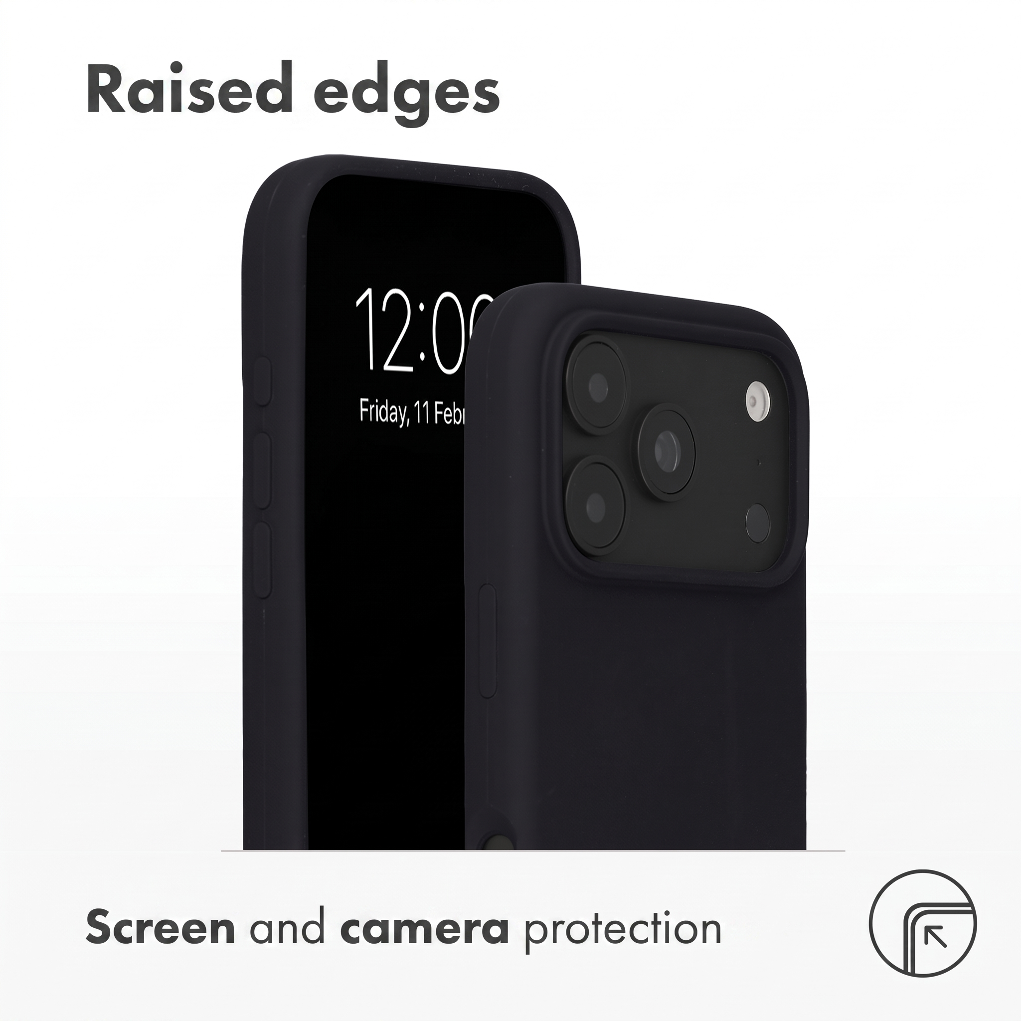 Twee zwarte telefoonhoesjes tonen verhoogde randen voor scherm- en camerabescherming.