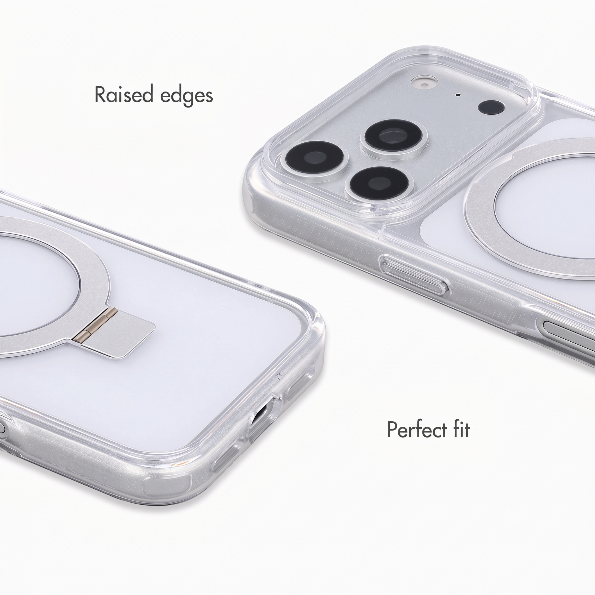 Due cover trasparenti per telefono su sfondo bianco con le scritte 'Raised edges' e 'Perfect fit'.