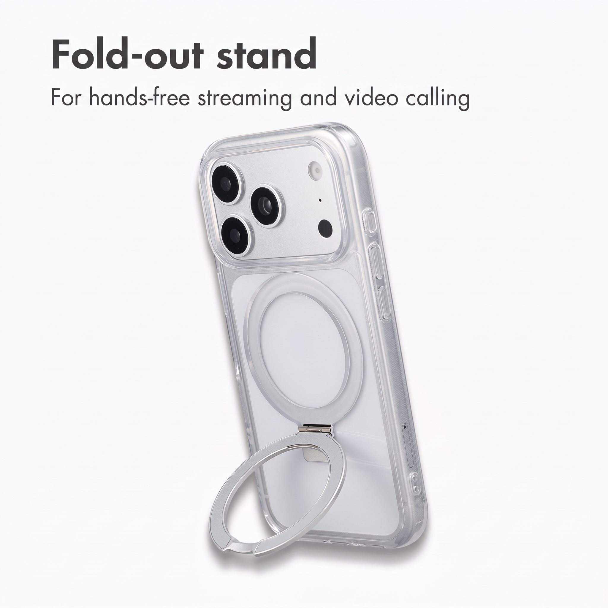 Uno smartphone in una custodia trasparente con un supporto ad anello in metallo pieghevole integrato sul retro.