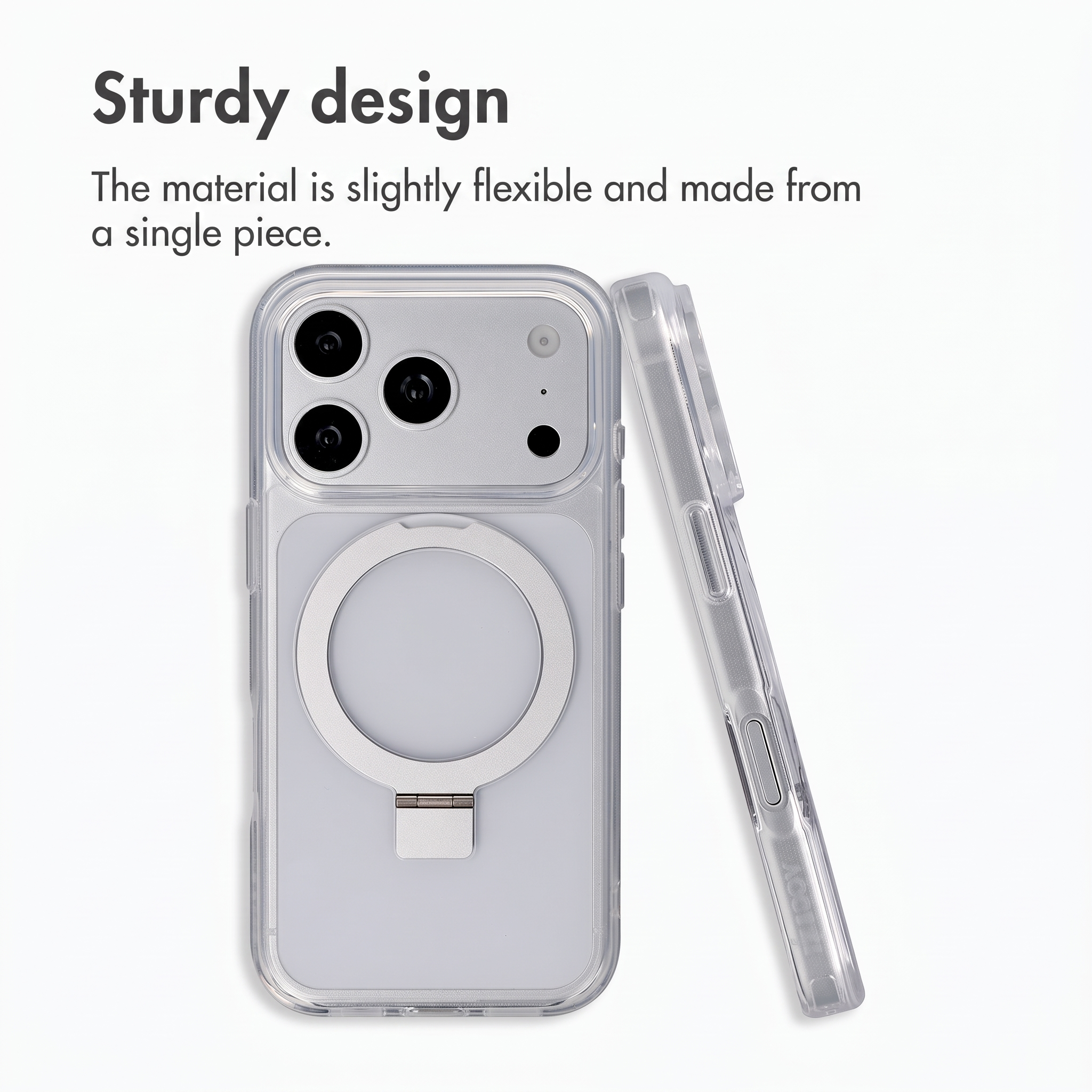 Custodia trasparente per smartphone con supporto rotondo integrato e area fotocamera su sfondo bianco.
