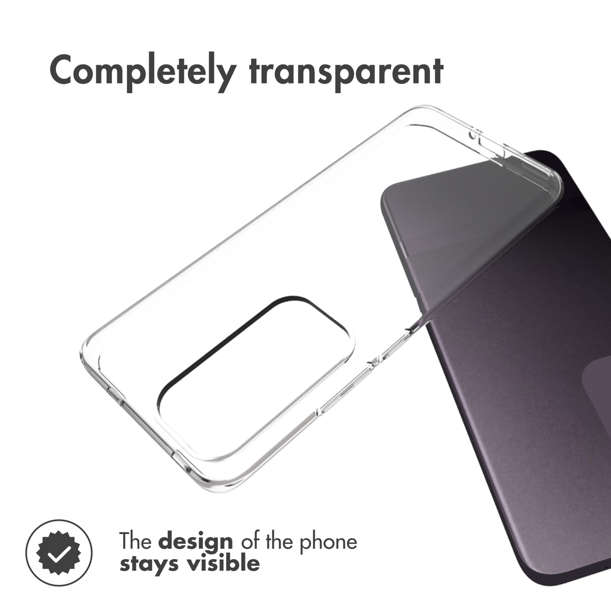 Eine klare, transparente Handyschale neben einem dunklen Smartphone vor weißem Hintergrund.