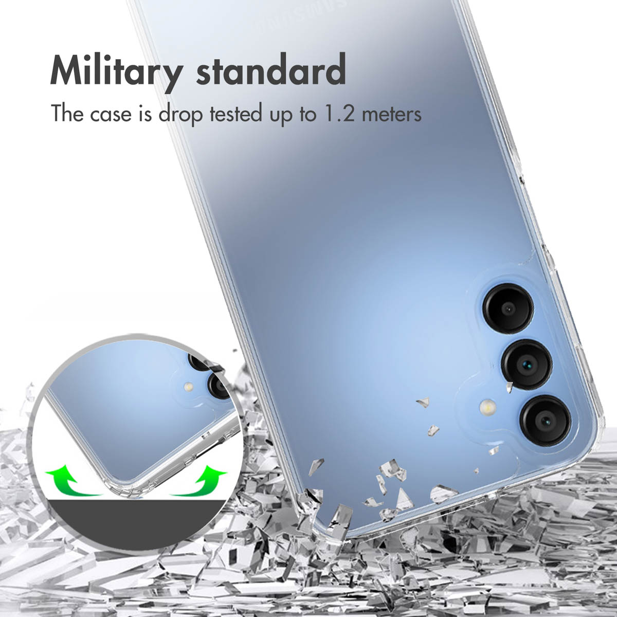 Ein hellblaues Smartphone in einer Schutzhülle über Scherben mit Text zum Falltest nach Militärstandard.
