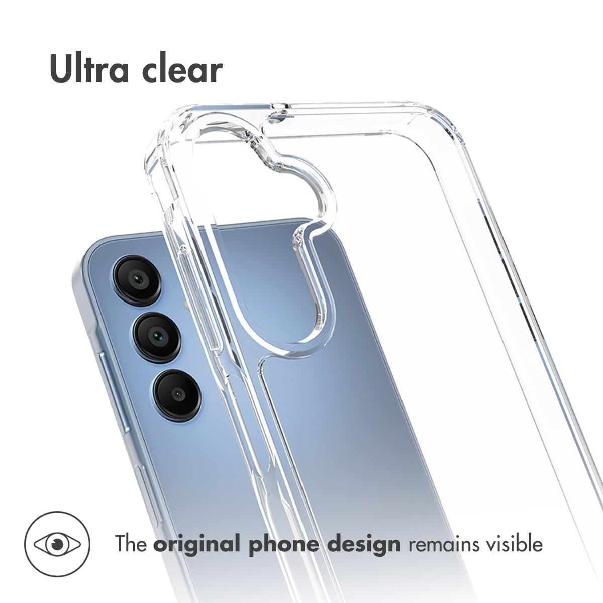 Eine ultraklare Handyhülle über einem hellblauen Smartphone mit drei Kameraobjektiven.