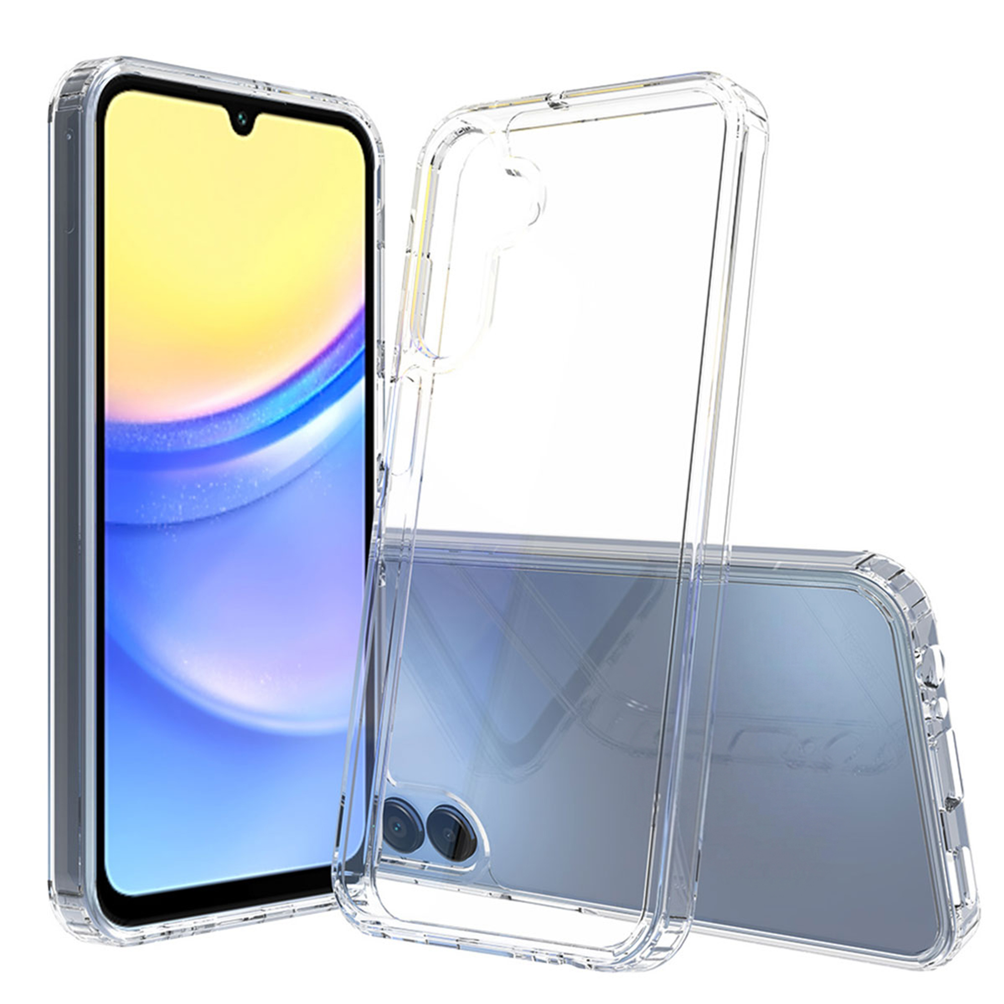 Ein Smartphone mit klarer Schutzhülle von vorne, hinten und als Hülle separat.