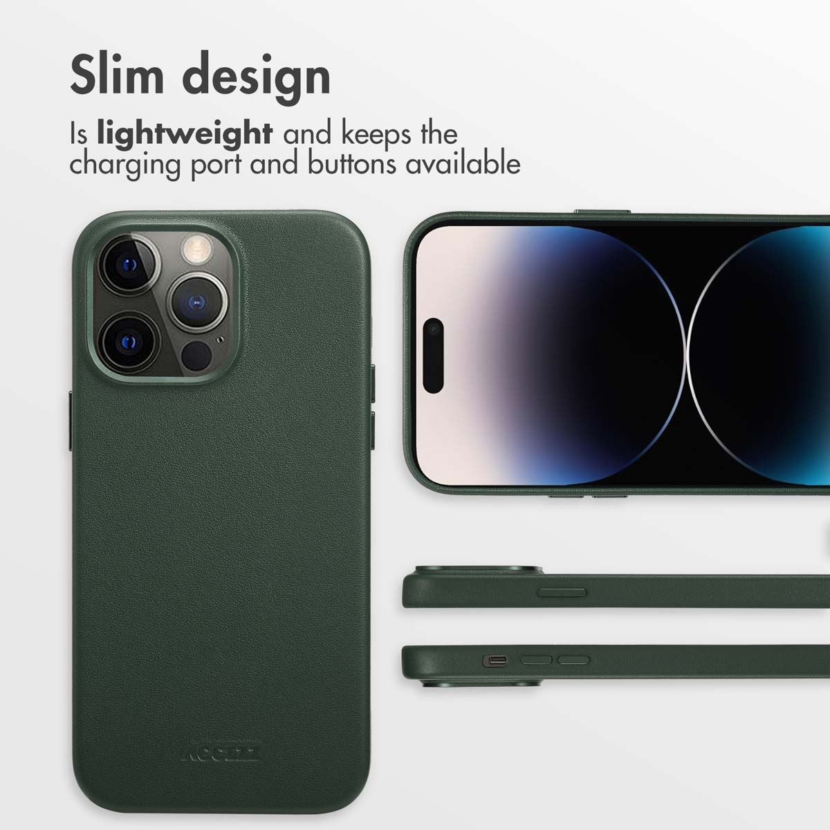 Coque de téléphone vert foncé au design fin avec boutons accessibles sous plusieurs angles.