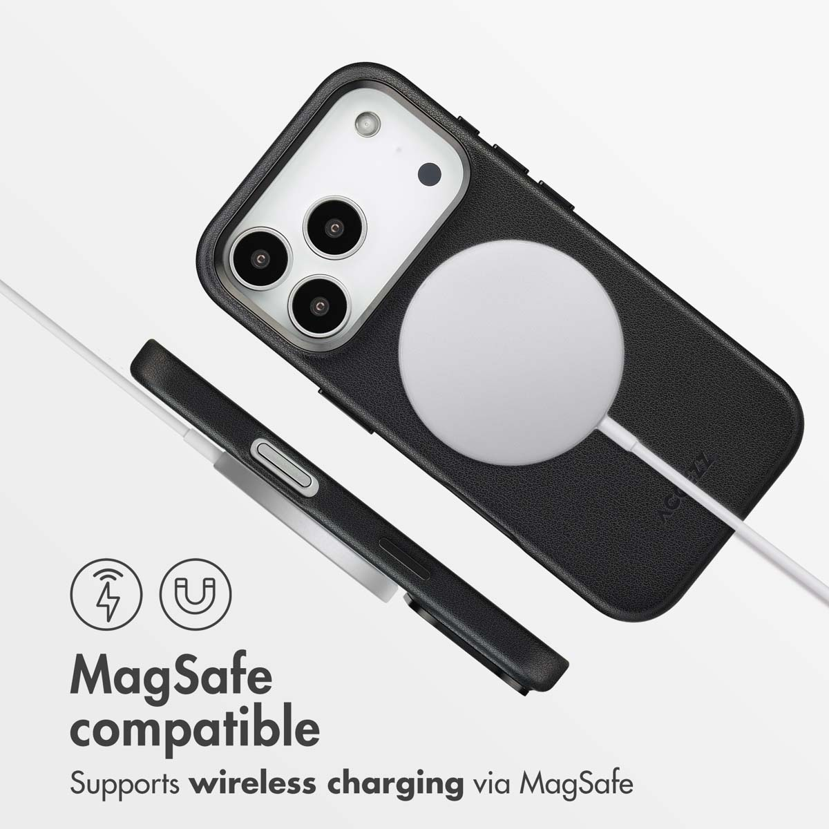 Funda de teléfono negra con cargador MagSafe e iconos de carga inalámbrica y compatibilidad.