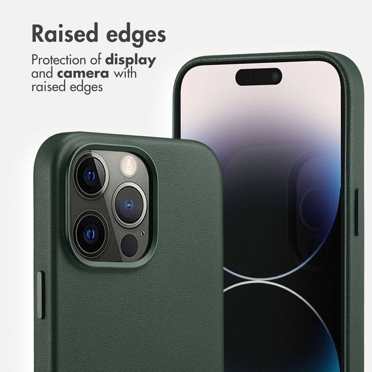 Coque de téléphone verte avec des bords surélevés pour protéger l'écran et l'appareil photo.