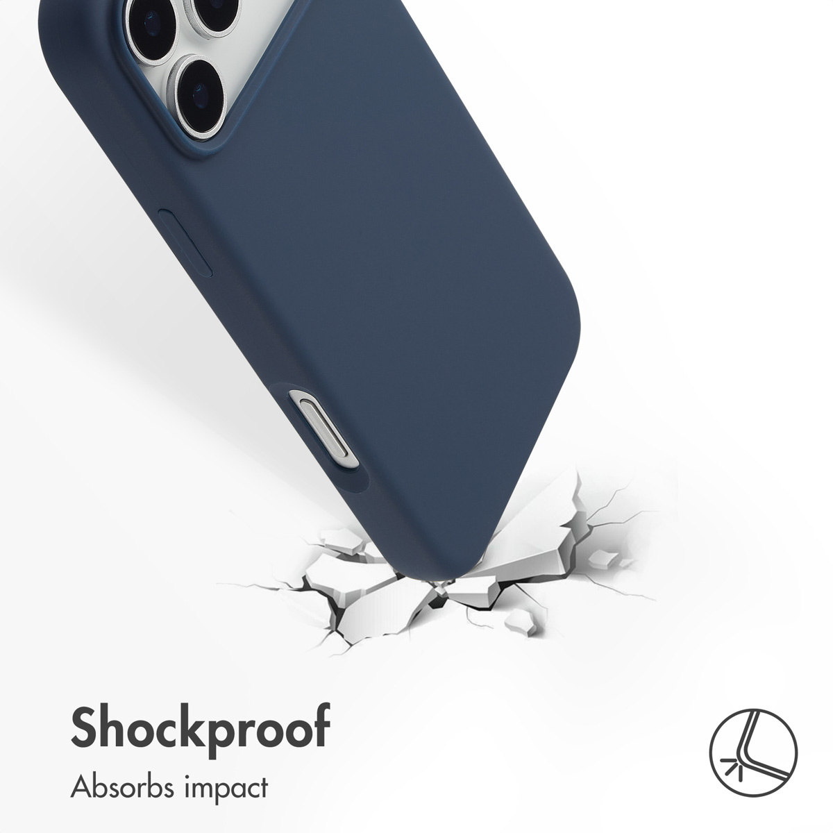 Una funda de teléfono azul oscuro rompe una superficie dura, demostrando protección antichoque.