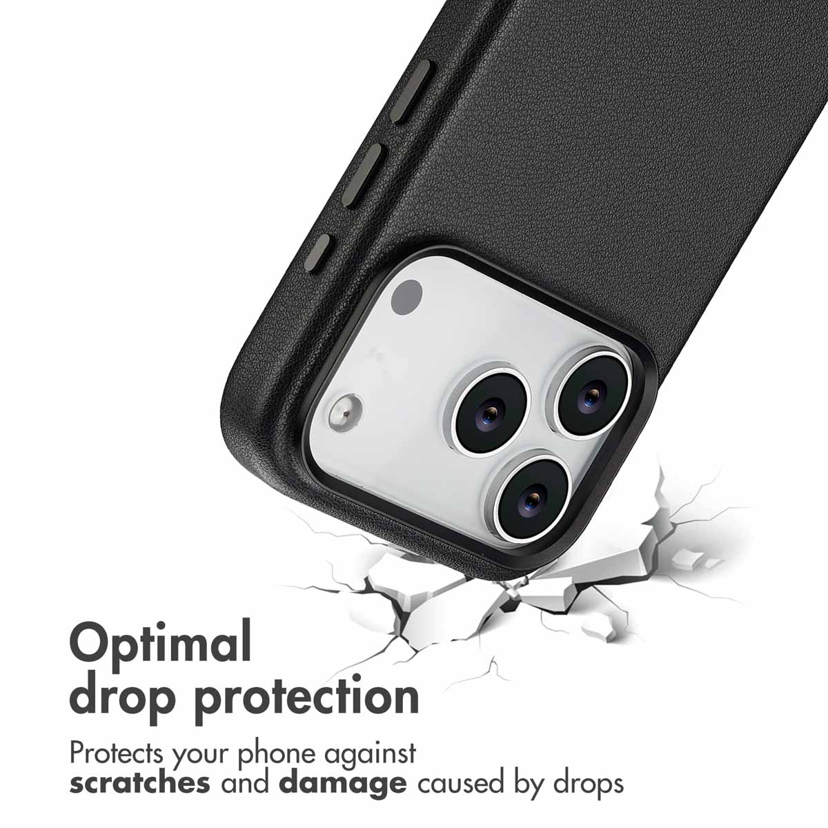 Un smartphone con funda negra golpea una superficie blanca agrietada. Texto promociona protección contra caídas.