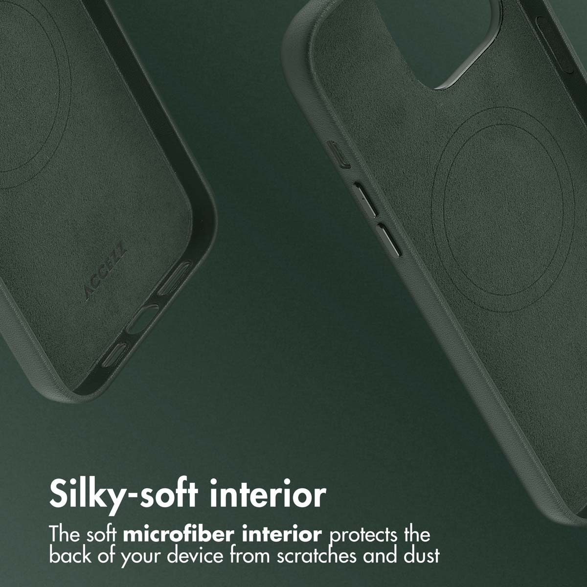 Deux coques de smartphone vertes avec intérieur en microfibre douce sur fond sombre.