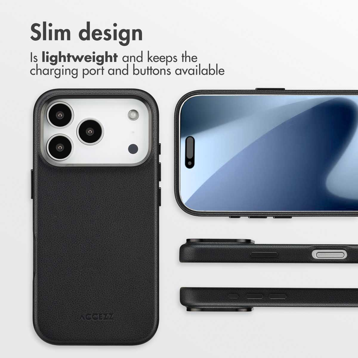 Funda de teléfono negra, delgada y ligera, muestra recortes de botones desde varios ángulos.