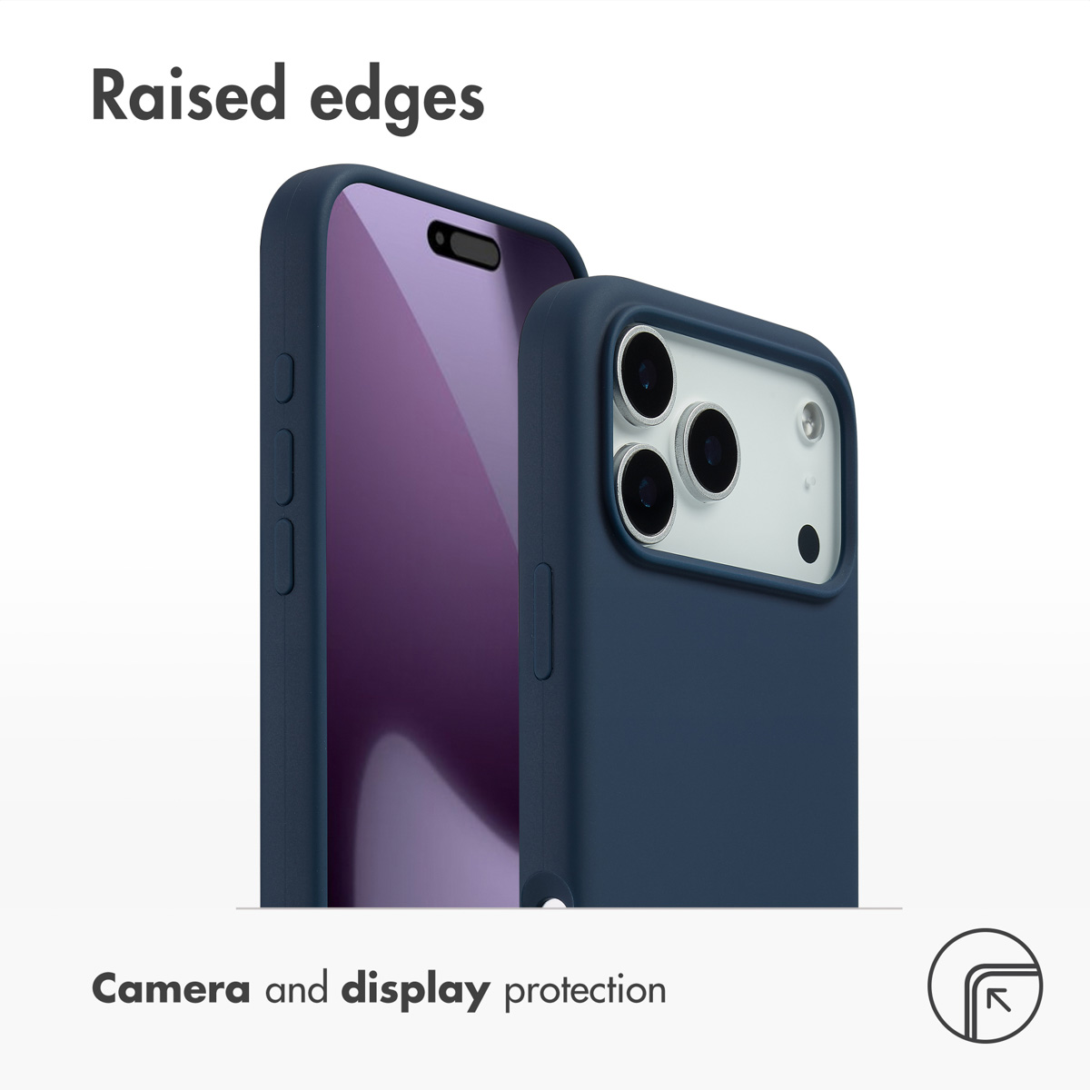 Dos fundas de teléfono azul oscuro que muestran bordes elevados para proteger la cámara y la pantalla.