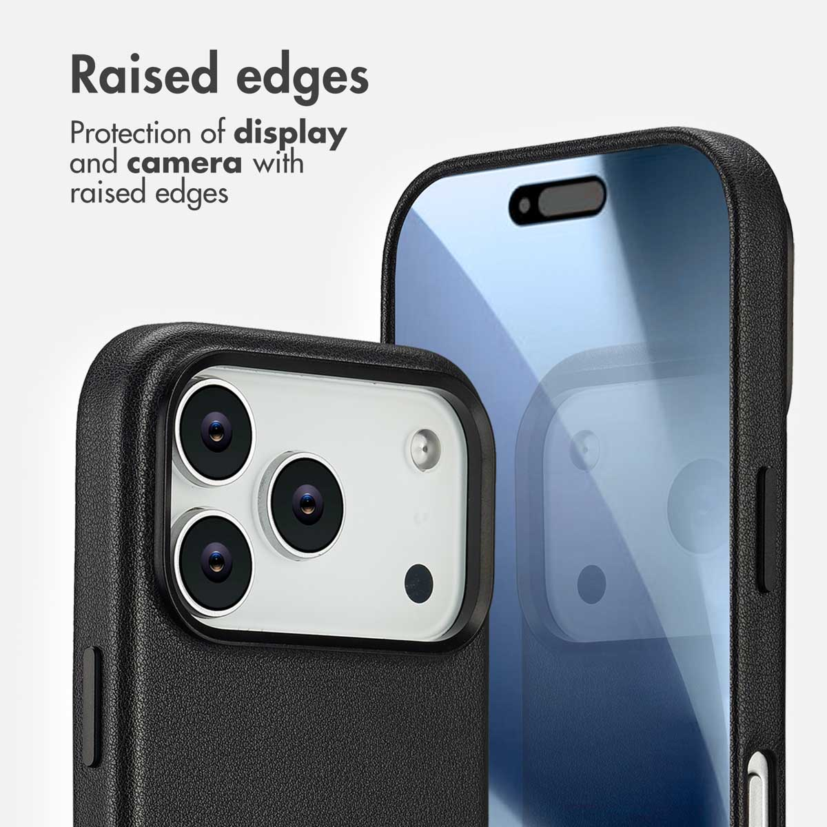 Funda de smartphone negra que destaca bordes elevados para protección de pantalla y cámara.
