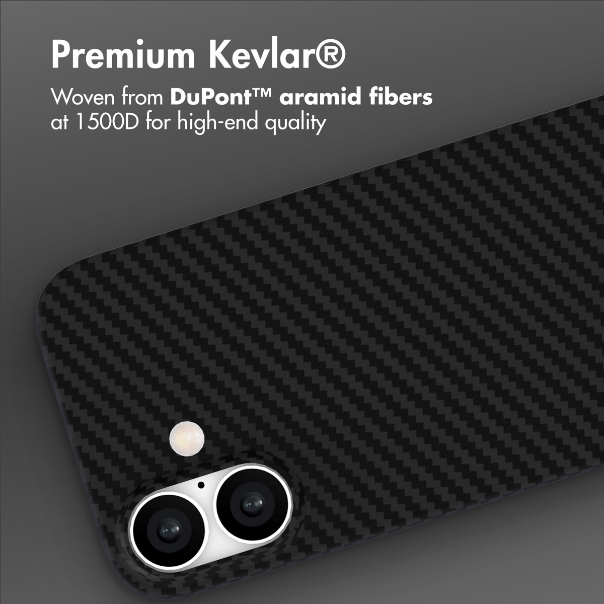 Funda de Kevlar con patrón de carbono, doble cámara y texto sobre fibras de aramida DuPont.