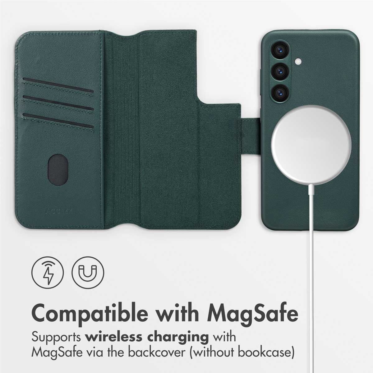 Coque de téléphone en cuir vert avec fentes pour cartes, rabat portefeuille et chargeur sans fil MagSafe à l'arrière.