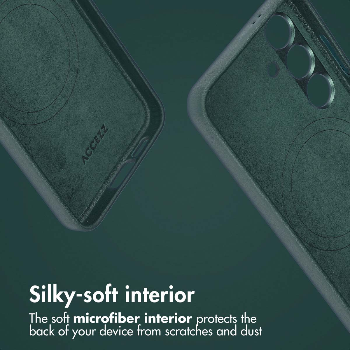 Deux coques de téléphone vert foncé montrent des intérieurs en microfibre douce avec des anneaux magnétiques.