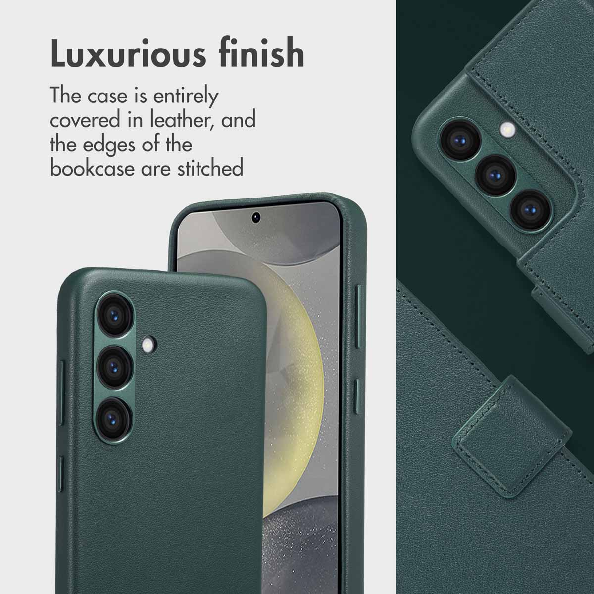 Coque de téléphone en cuir vert foncé avec bords cousus, dos et découpes d'appareil photo.