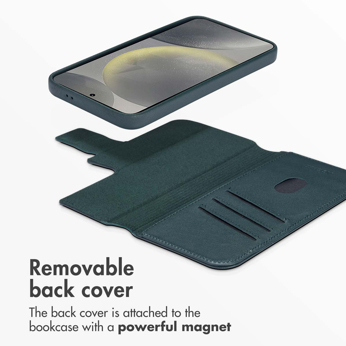 Étui de téléphone vert foncé avec coque arrière magnétique amovible et fentes pour cartes, sur fond blanc.