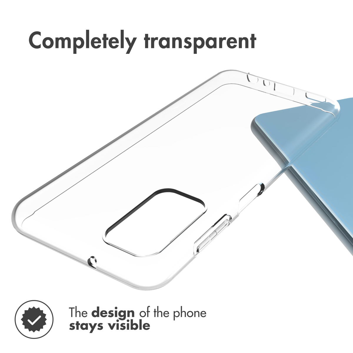 Una funda de móvil transparente junto a un teléfono azul sobre fondo blanco con texto.