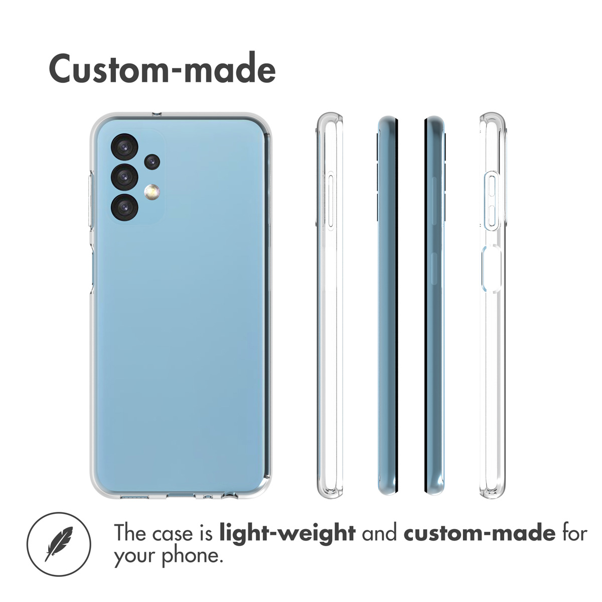 Una funda de teléfono protectora azul claro hecha a medida, mostrada desde varios ángulos.