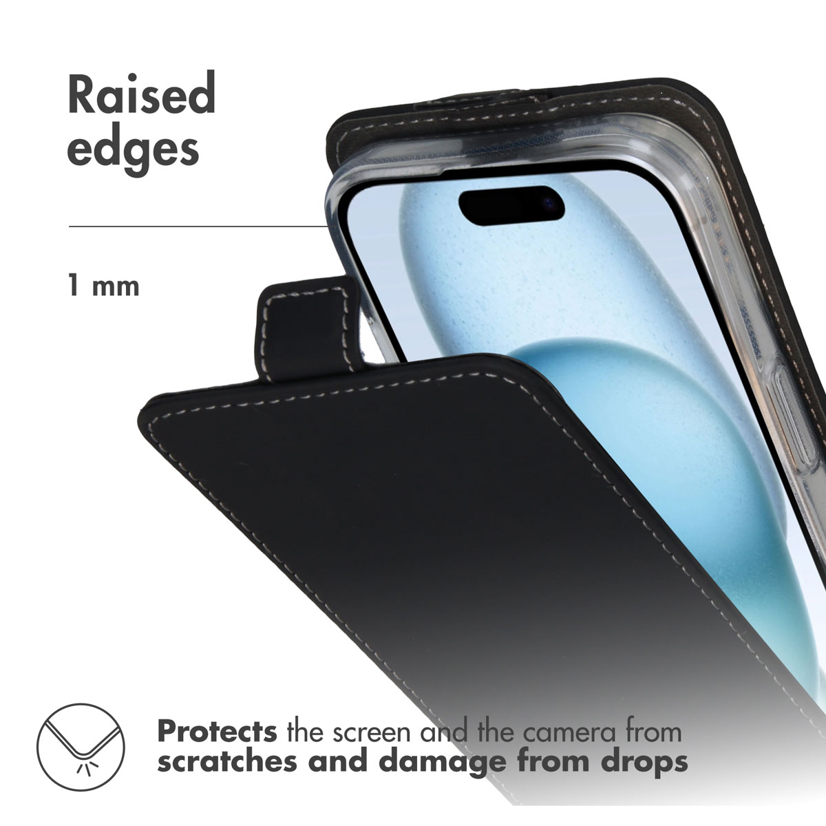 Smartphone en una funda de cuero negra con bordes elevados de 1 mm para proteger la pantalla y la cámara.