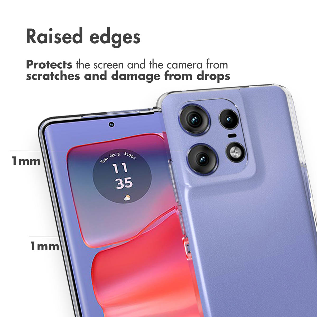 Lila Smartphone in klarer Hülle zeigt 1mm erhöhte Kanten zum Schutz von Bildschirm und Kamera.