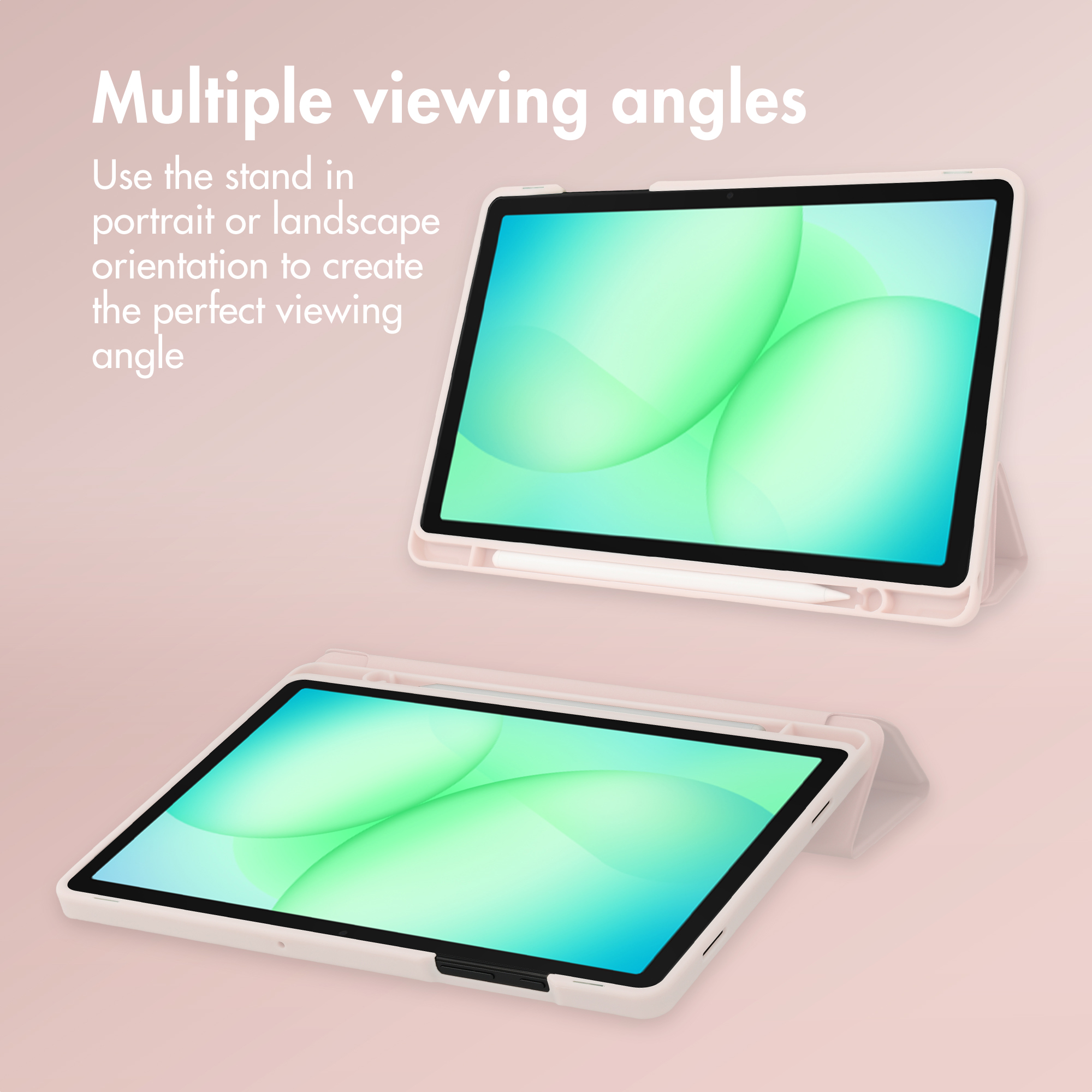 Pink tablet stand in portrait and landscape orientations with green screen graphics and white stylus.