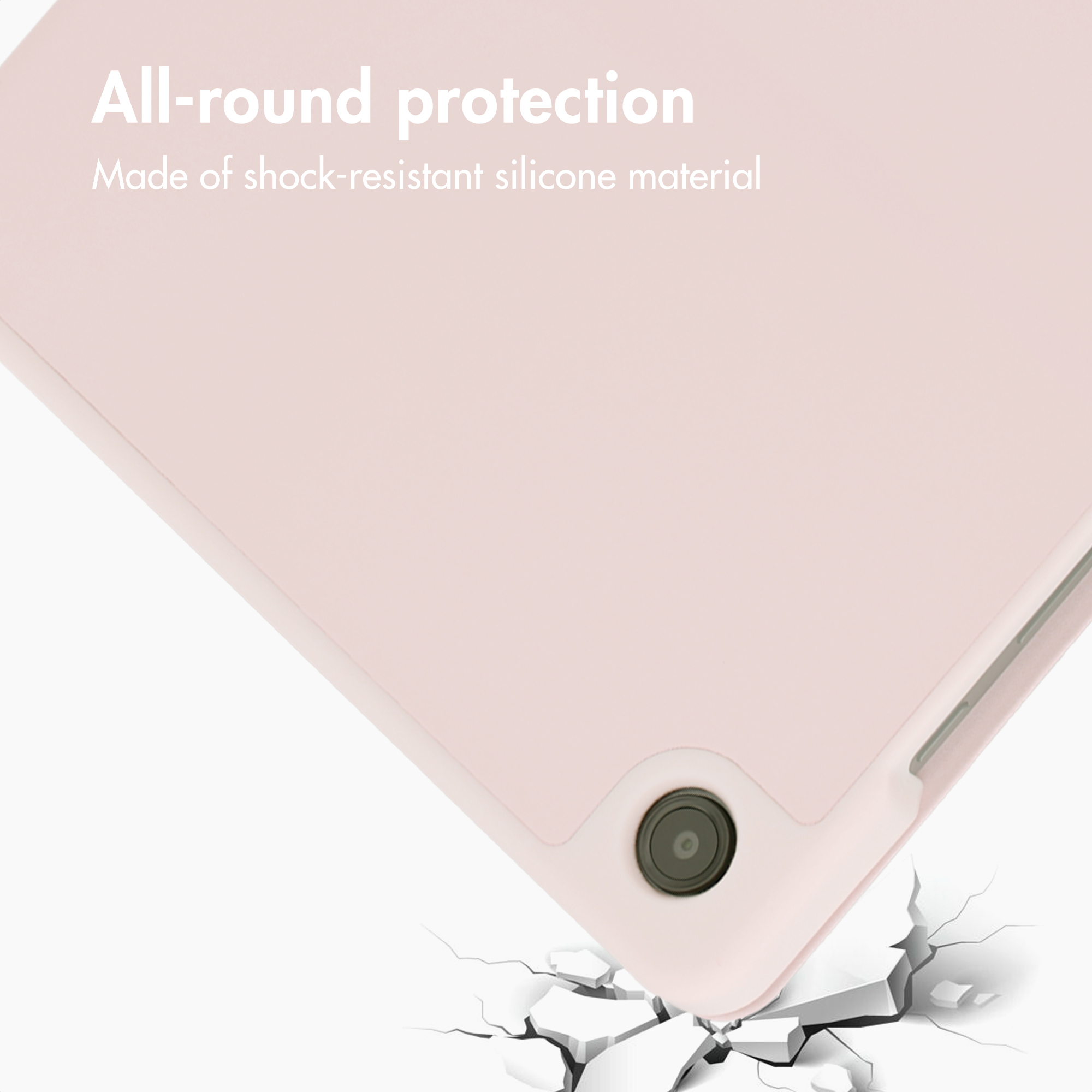 Pink tablet case over cracked ground with text All-round protection.