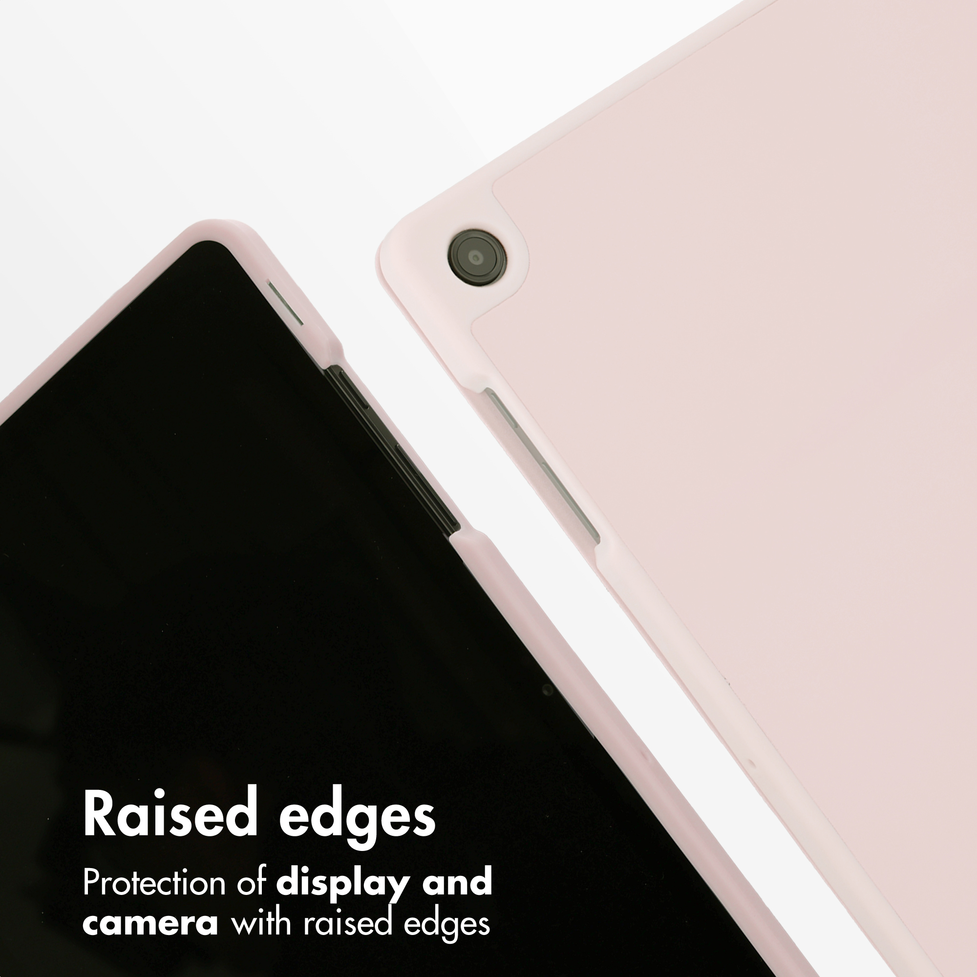 Close-up of a pink tablet case showing raised edges protecting the screen and camera lens.