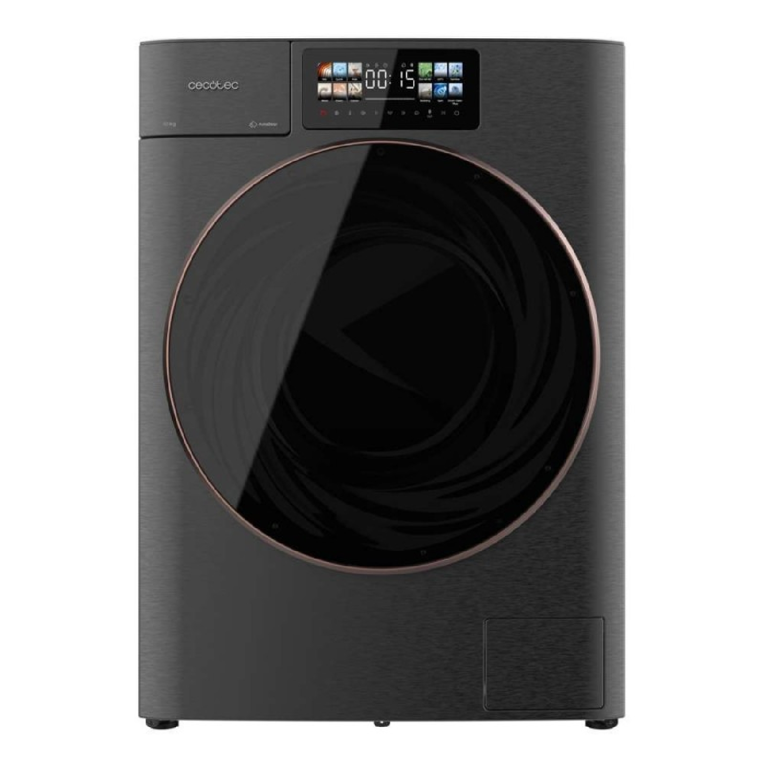 Una lavadora moderna negra con pantalla digital, gran puerta de cristal oscuro y borde circular de oro rosa.