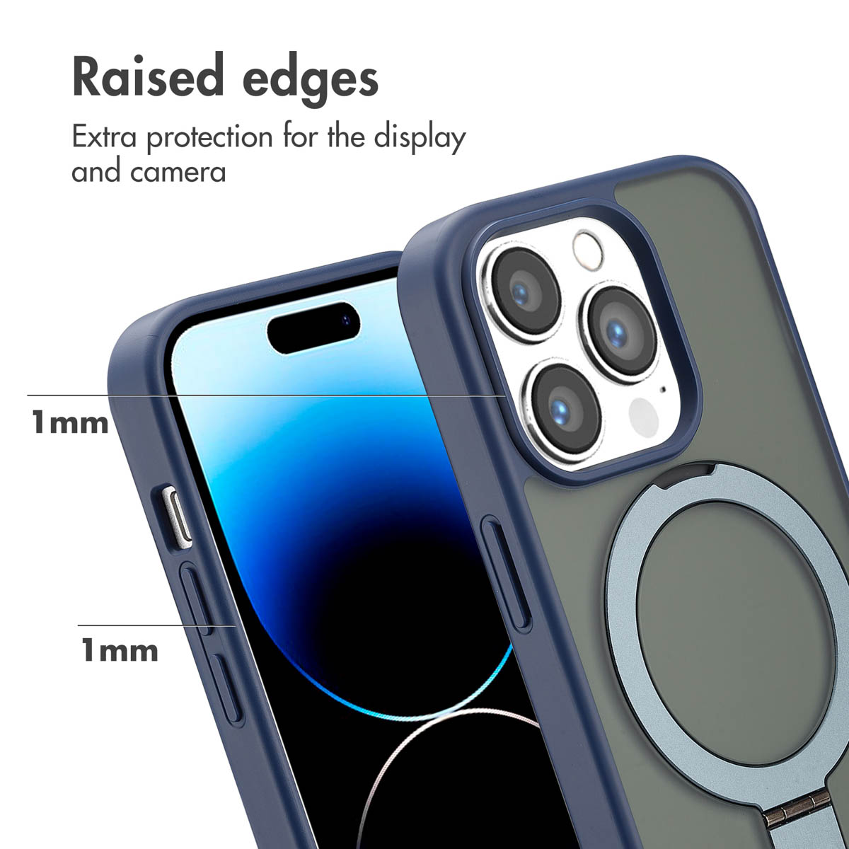 Custodia blu per telefono con bordi rialzati di 1 mm per protezione extra di schermo e fotocamera, con anello magnetico.