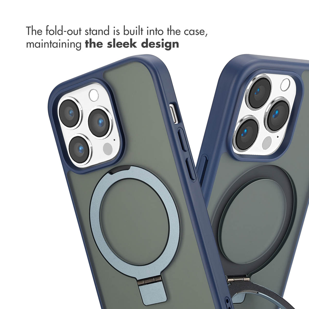 Custodia per telefono blu con supporto ad anello integrato sul retro.