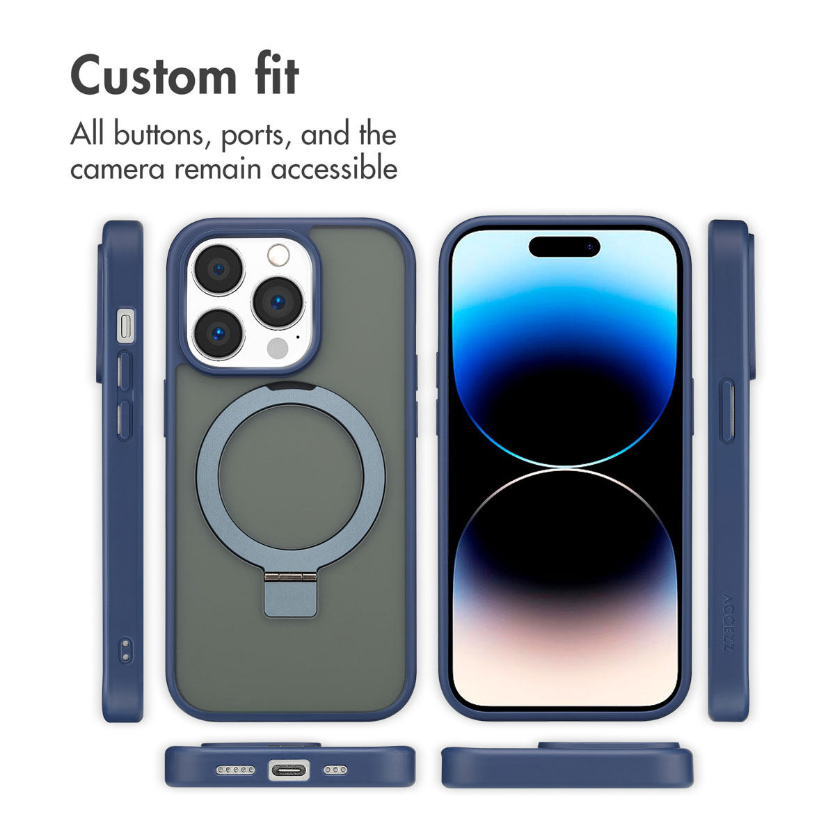 Custodia per smartphone blu con supporto ad anello integrato, mostrata da più angolazioni.
