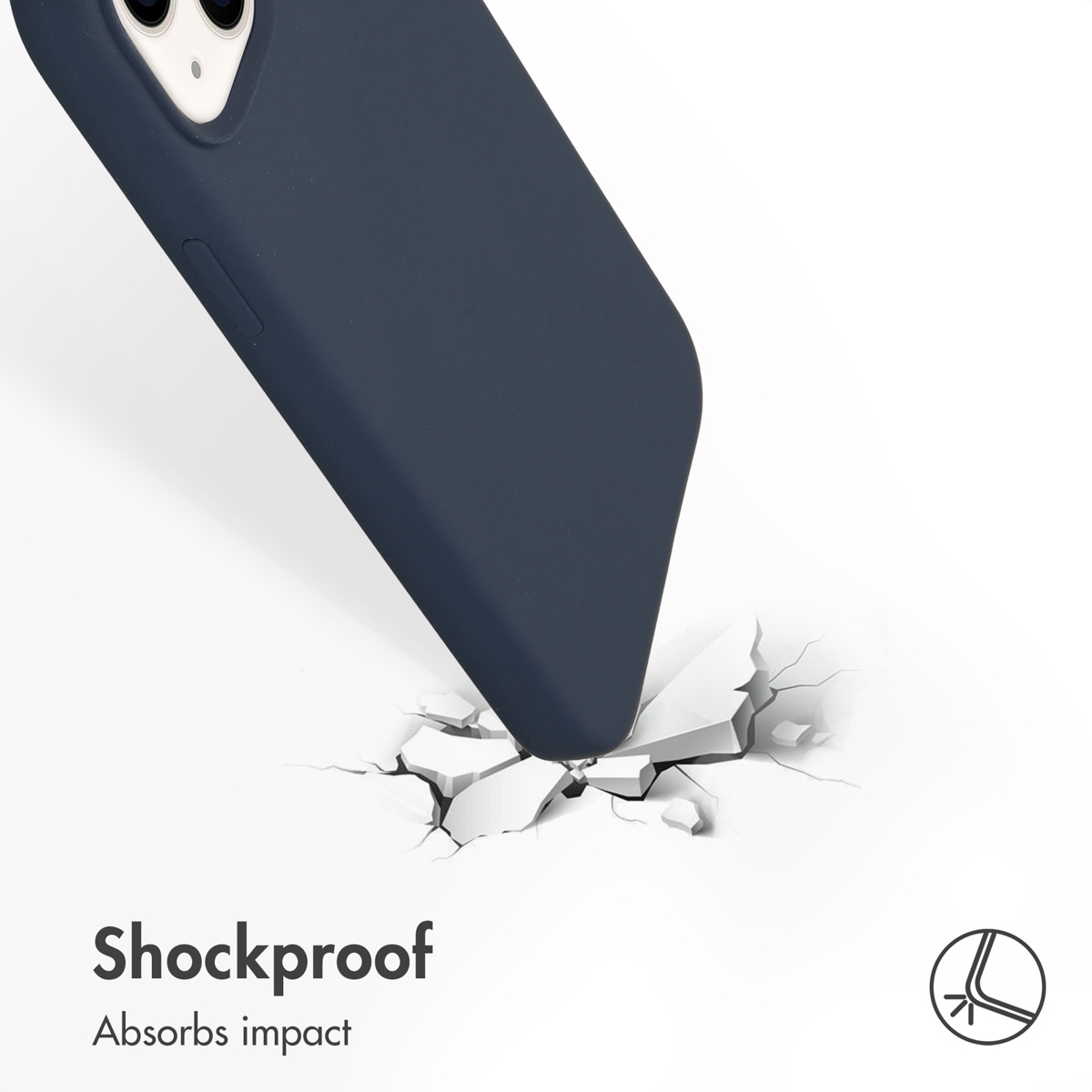 Blaue Smartphone-Hülle stößt auf und bricht einen weißen Boden, mit Text Shockproof.
